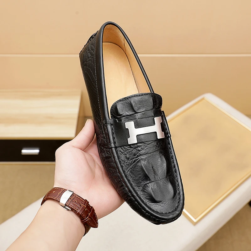 新款真皮男士商务休闲一脚蹬套脚鳄鱼纹真皮H扣子豆豆鞋男