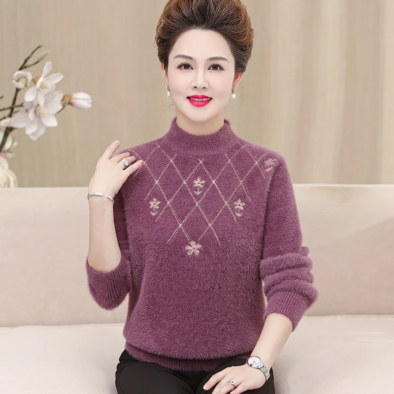妈妈秋冬装新款水貂绒加厚毛衣中年女保暖上衣中老年人宽松打底衫