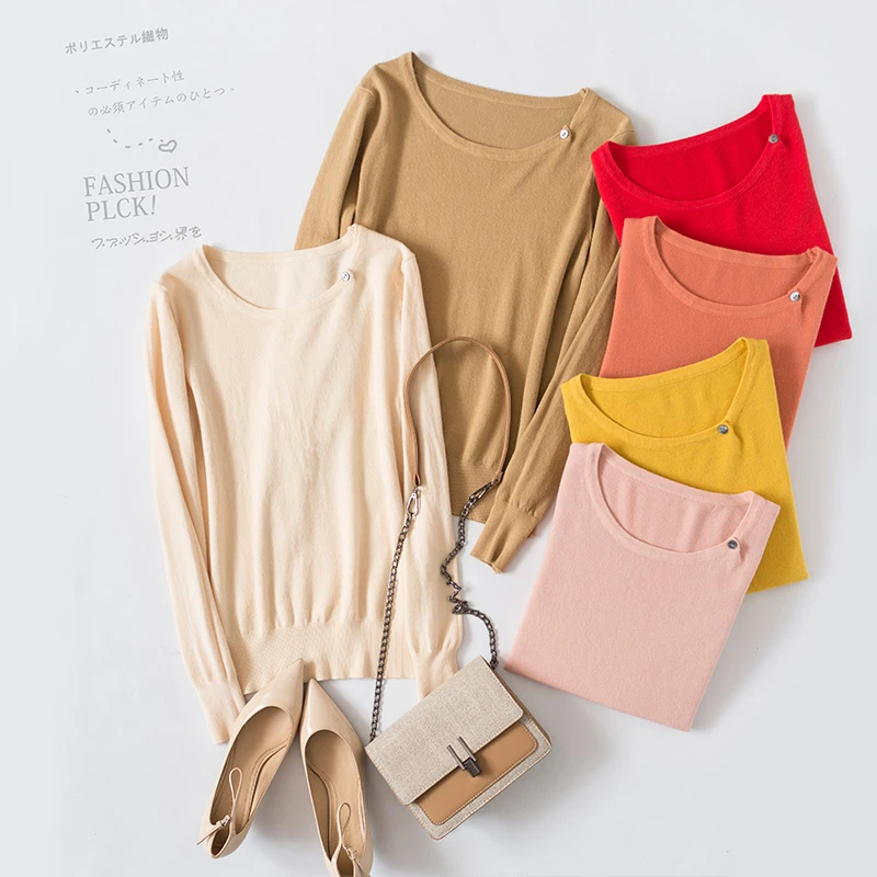 秋冬款套头一粒扣圆领长袖毛衣针织衫修身韩版圆领弹力打底保暖女