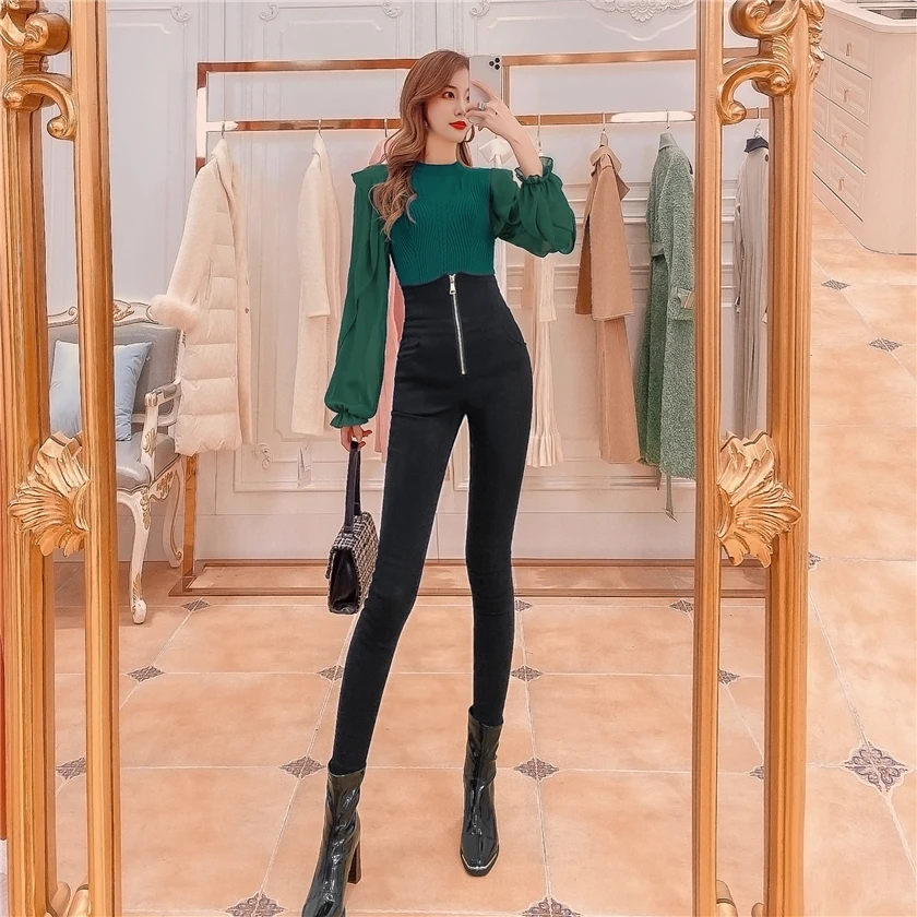 现货 蔓少珍 2023秋冬季高腰女黑色修身打底显瘦百搭小脚裤K21407