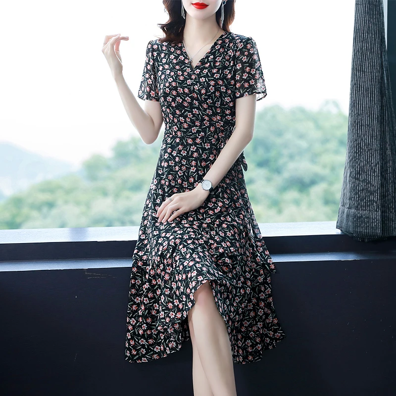 【品牌特价】85075夏碎花连衣裙雪纺气质不规则裙摆女高级印花裙子