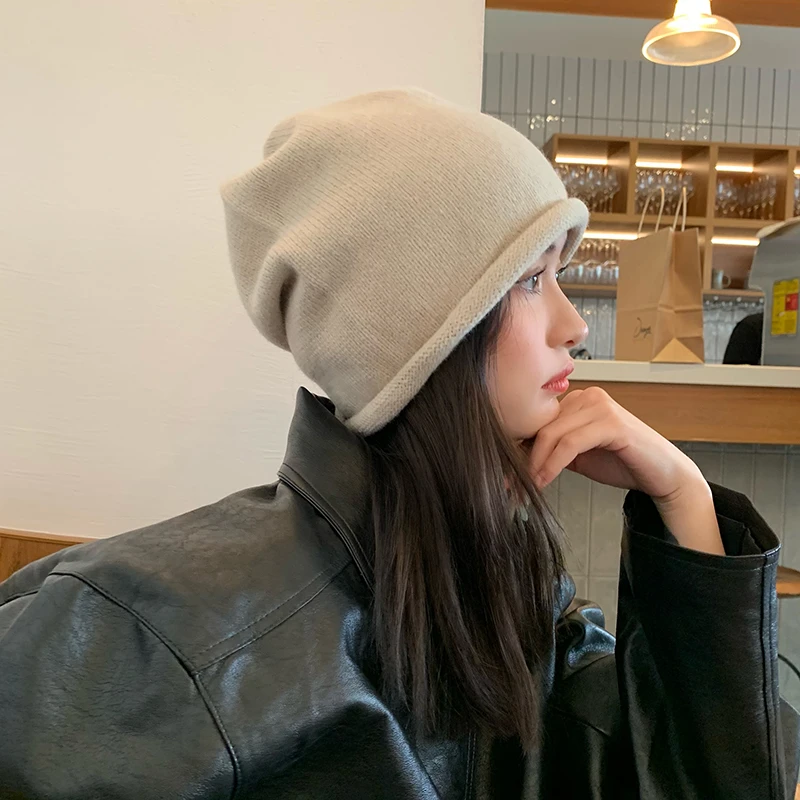 秋冬纯色抽绳针织帽女绑带复古包头帽韩版堆堆帽保暖毛线帽冷帽