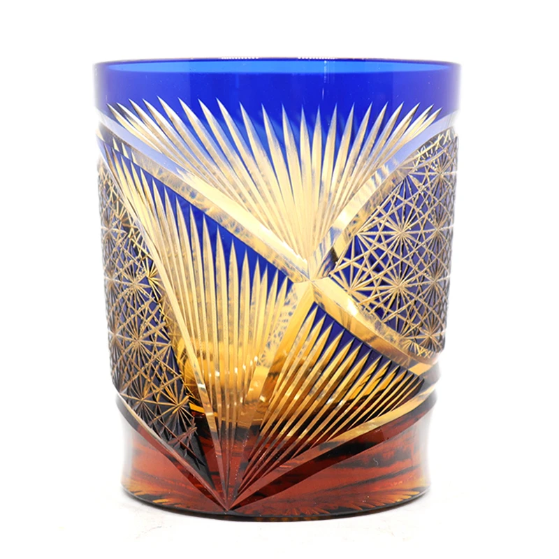 鹤羽纹日式江户切子水晶玻璃杯威士忌酒杯手工雕刻小众杯复古酒杯