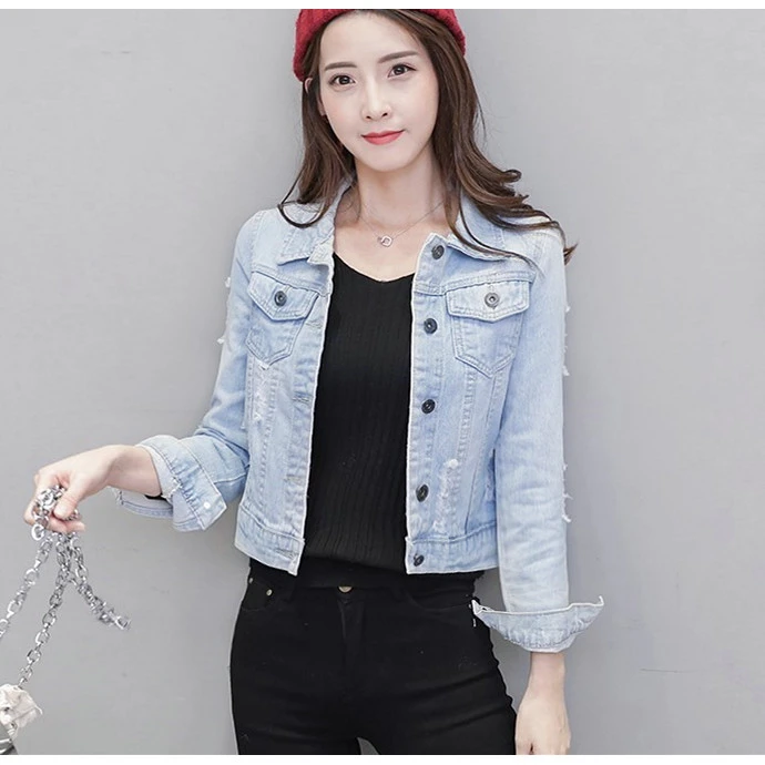 春秋新品女装 秋装新款 破洞短款长袖显瘦个性上衣牛仔外套上衣