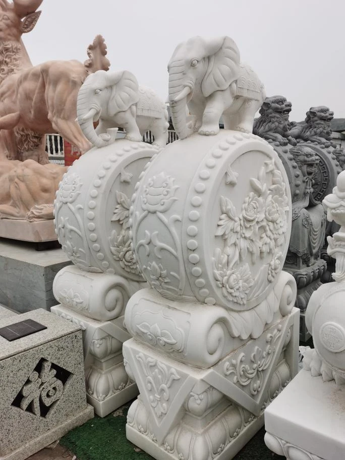 天然大理石汉白玉门墩小象石鼓门口摆放吉象如意摆件