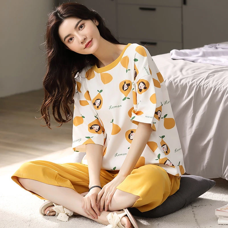 紧赛纯棉睡衣女夏七分裤短袖卡通可爱休闲韩版两套装家居服圆领