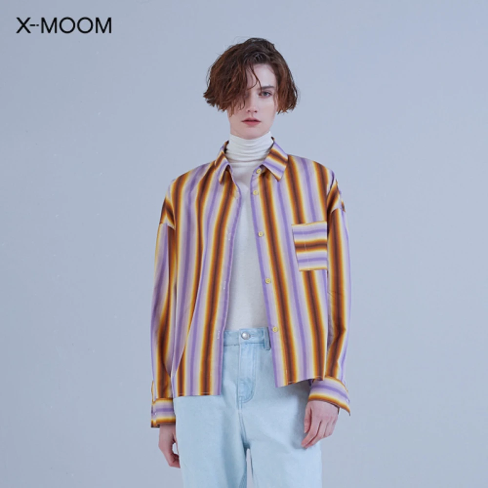 X-MOOM数码渐变条纹箱型衬衣衬衣衬衫宽松长袖休闲外套ZTCCC15278