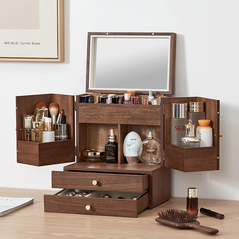 初心木质化妆品收纳盒中古风桌面防尘大容量梳妆盒护口红整理轻奢