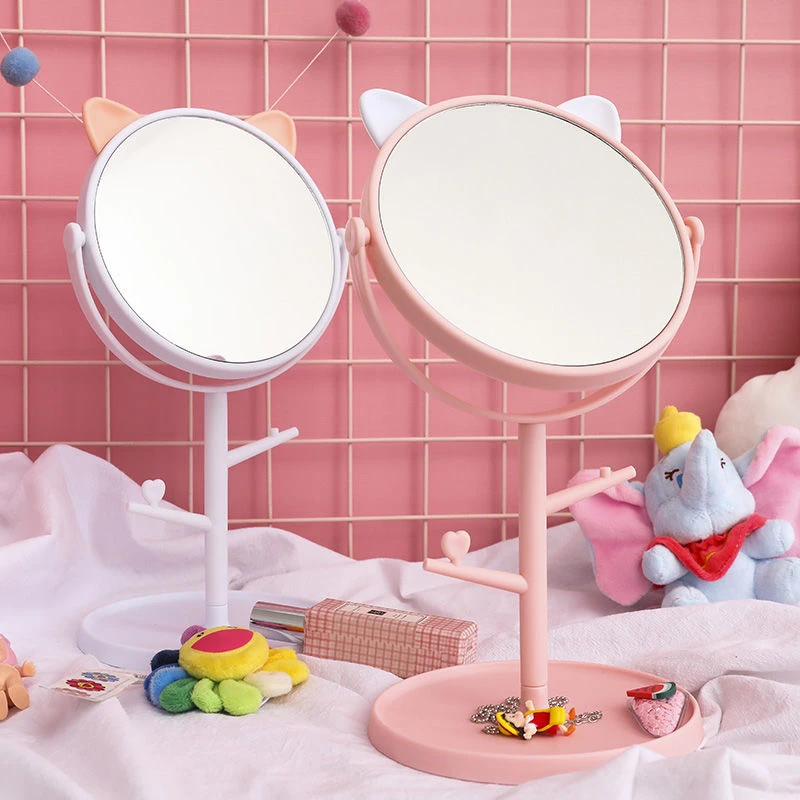 镜子女学生宿舍化妆镜猫耳台式桌面镜便携随身镜子可折叠粉家用