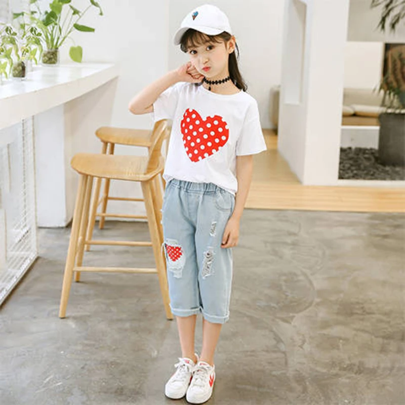 2025新款套装女童休闲爱心短袖裤子套装6-12岁女孩套装透气清凉款