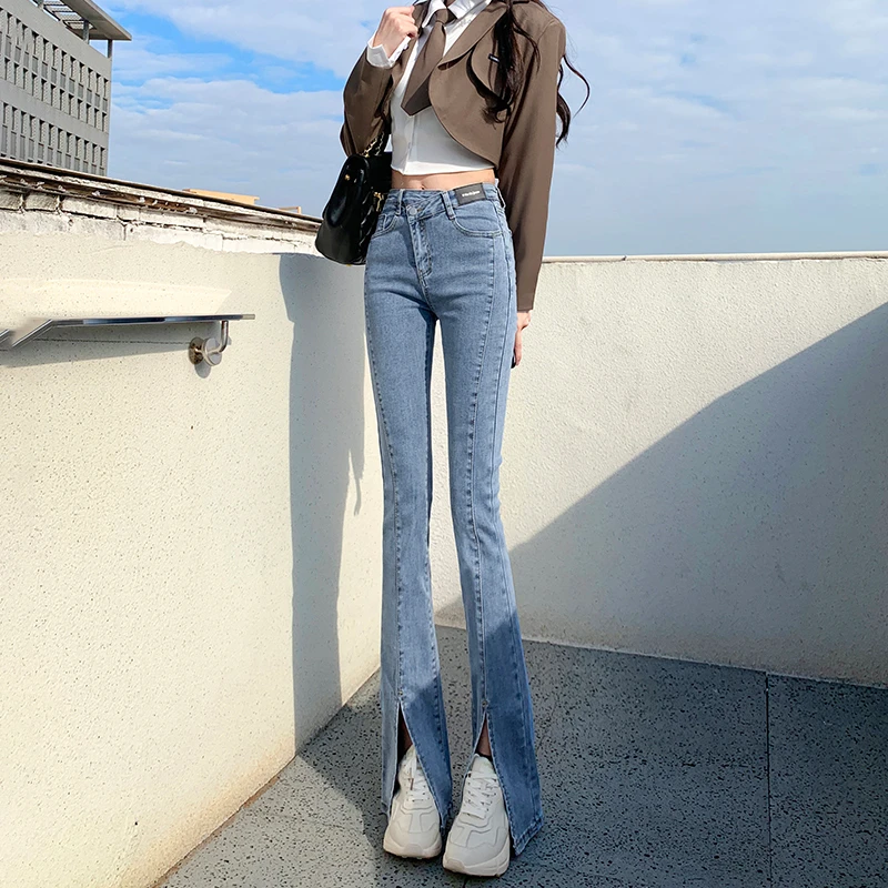 高腰开叉微喇牛仔裤女2024春装垂感宽松显瘦浅蓝色喇叭开衩拖地裤