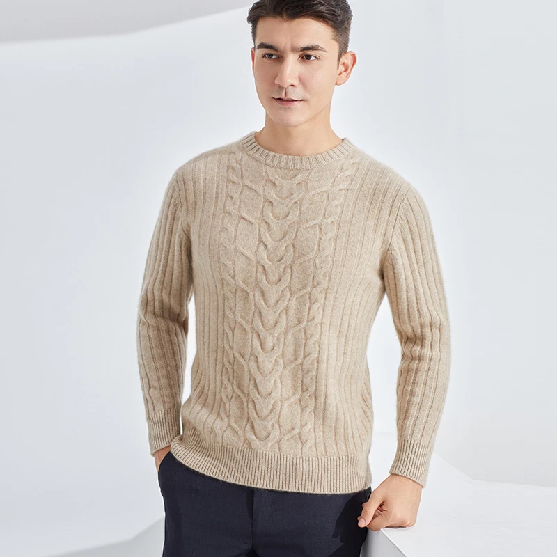 100%纯山羊绒衫男士三股加厚低圆领绞花山羊绒衫休闲套头纯羊绒衫