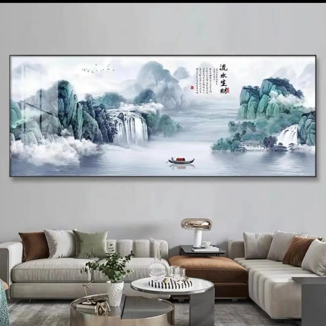 客厅横版装饰画【流水生财】晶瓷镶钻真晶瓷装饰画