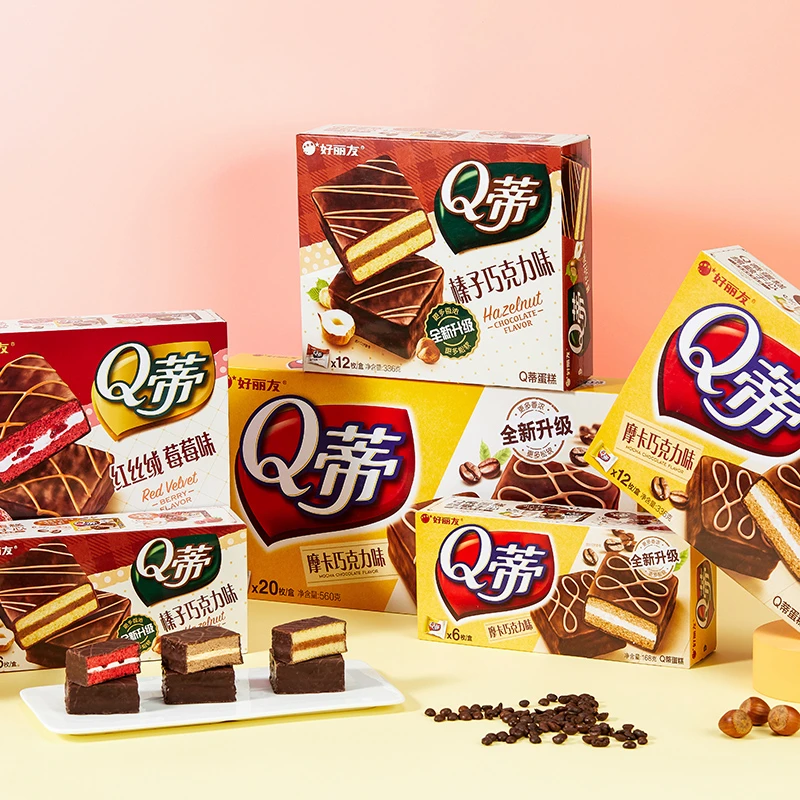 好丽友Q蒂多层蛋糕12枚/盒红丝绒莓莓味摩卡榛子巧克力味派