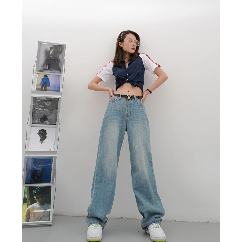 BZPM175加长阔腿裤chao极显腿长摩登复古水洗做旧直筒拖地牛仔裤
