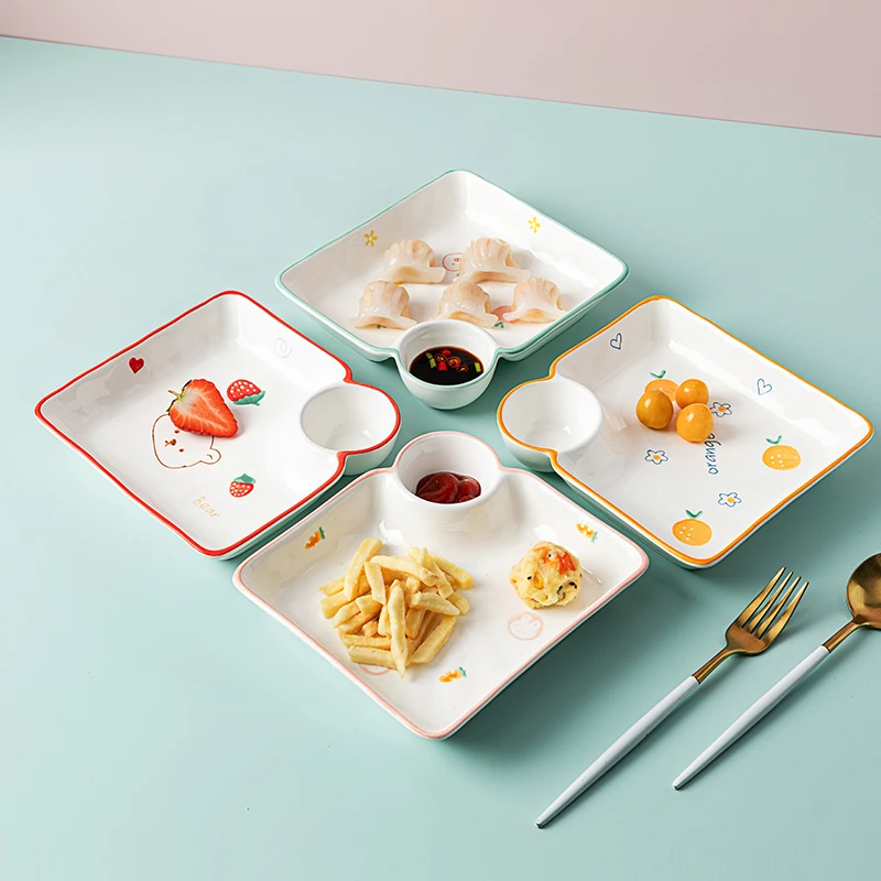 饺子盘子带醋碟碗虾盘家用儿童早餐盘高级感好看吃水饺分格专用盘