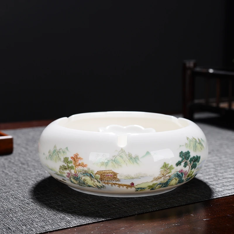 唐蕴-羊脂玉瓷-锦绣山河-陶瓷茶道茶具中式大号家用办公烟灰缸