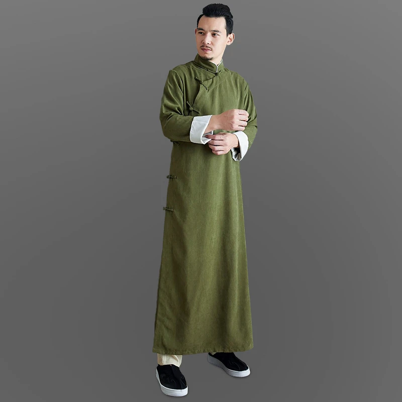 中国风桃皮绒唐装中式长袍复古长衫长款汉服演出服居士禅服古风男
