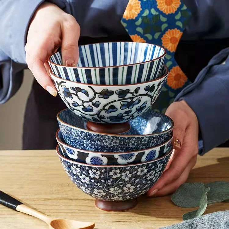 5只日本进口和风纹高脚碗套装米饭碗吃釉下彩复古陶瓷吃饭碗M-126