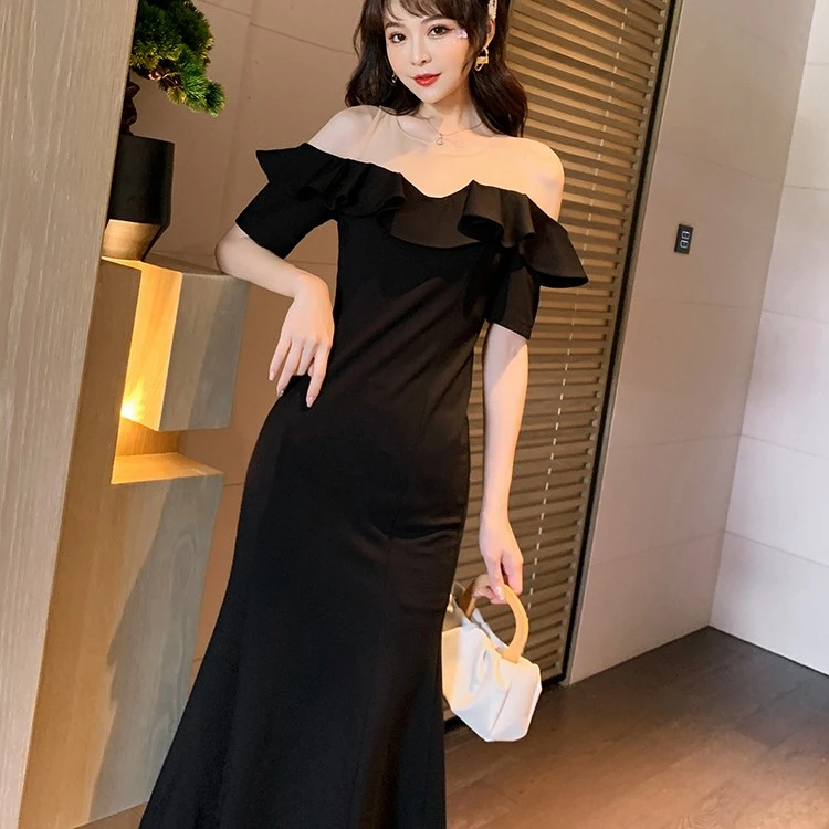 5131一字肩小黑裙夏赫本风荷叶边鱼尾连衣裙法式复古优雅气质女装