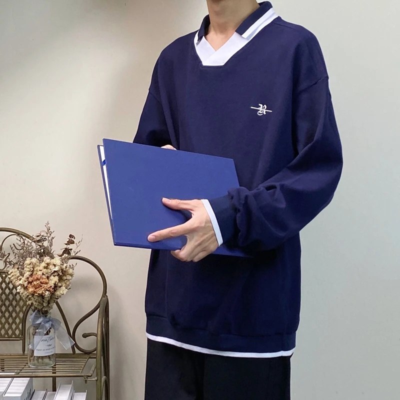 木村叔dk日系原创刺绣双领卫衣男子制服男常服春秋季V领POLO内搭