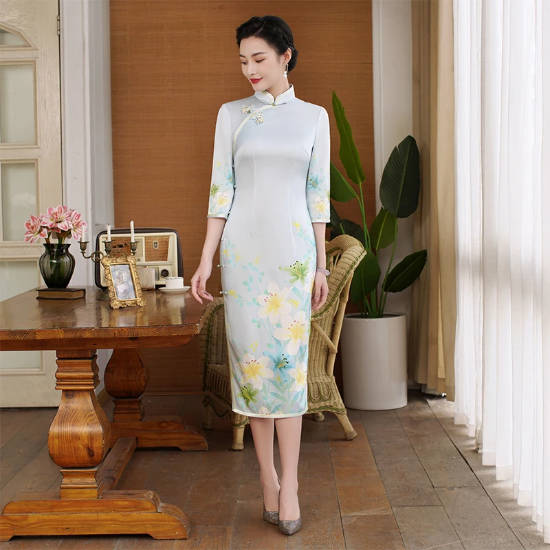 手工旗袍52519 金吴针春季高端全开襟双面醋酸缎中国风七分袖