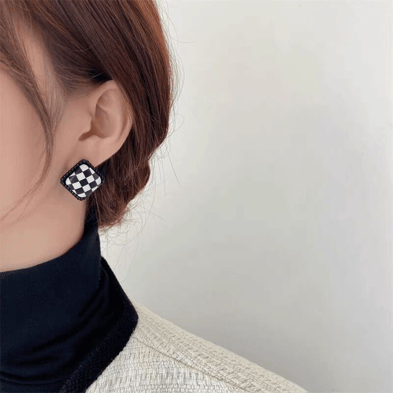 cici choice Acc 合金皮质耳饰 复古黑白格棋盘格 耳钉新款百搭女