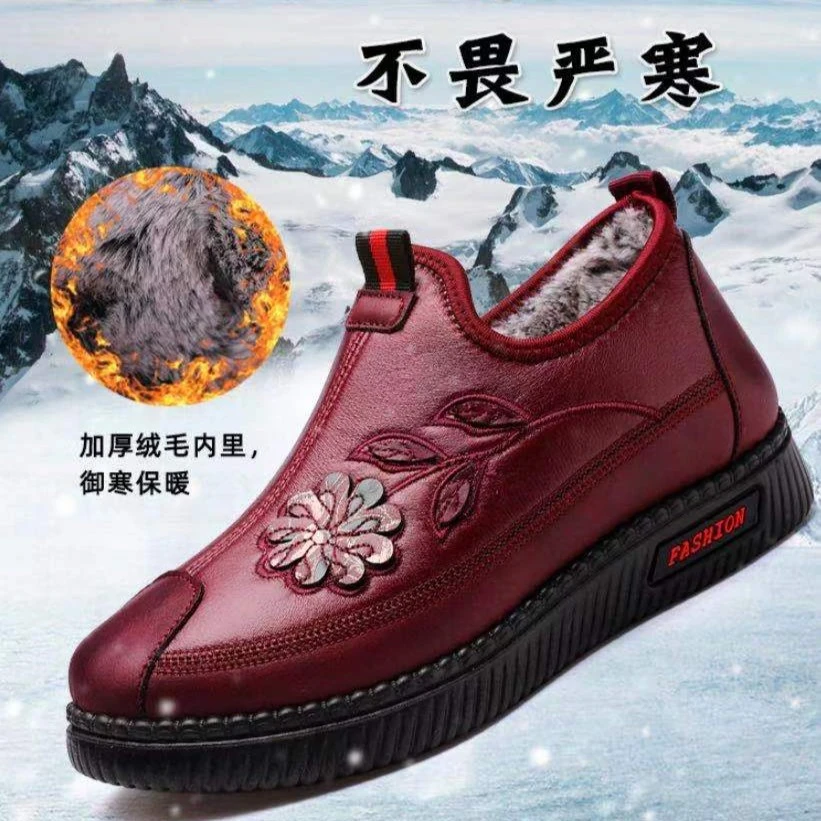 新款加绒加厚防滑软底妈妈鞋奶奶鞋冬季平底雪地靴老年人中老年