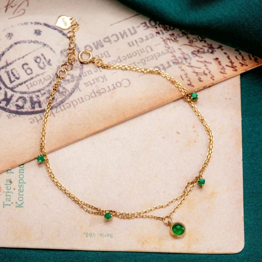 GOKU18K金手链女双层泡泡祖母绿链绿色宝石时尚简约礼物金手链