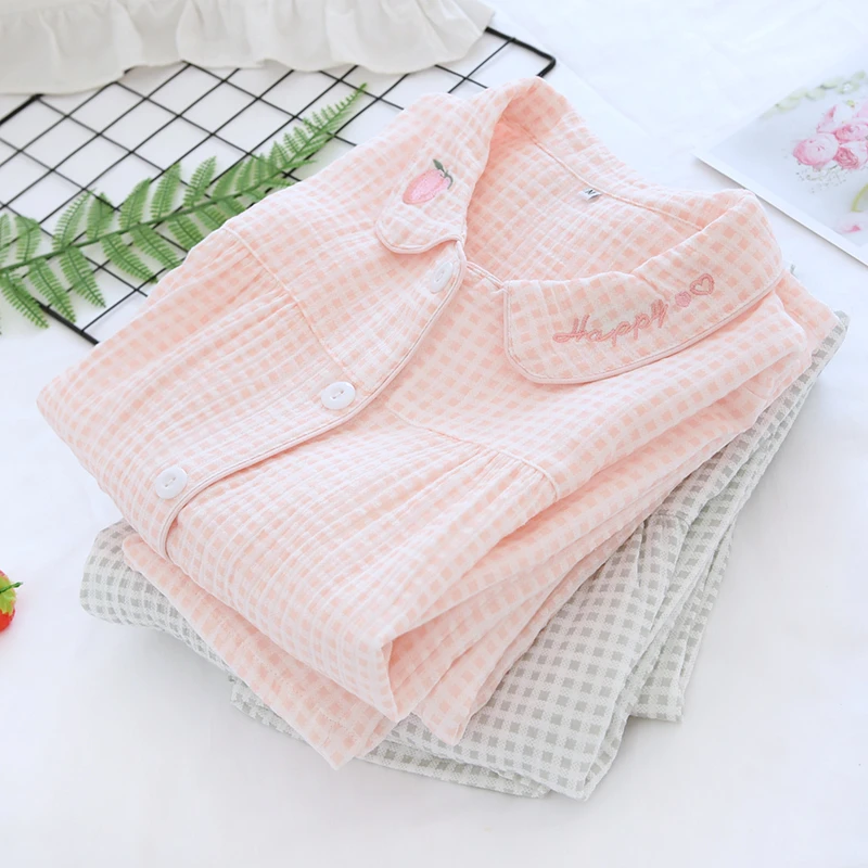 蜜桃少女~睡衣春秋夏季女士纯棉纱布长袖家居服薄款甜美韩版套装
