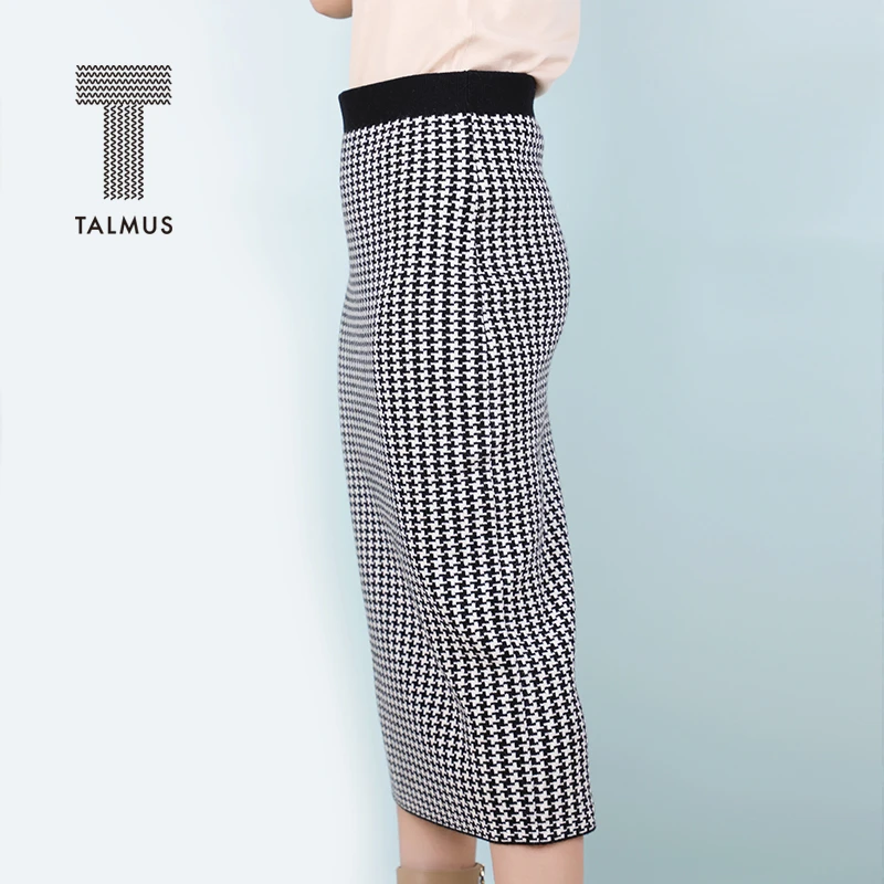 TALMUS/塔拉牧丝山羊绒亲肤舒适千鸟格女优雅时尚开叉配搭半身裙