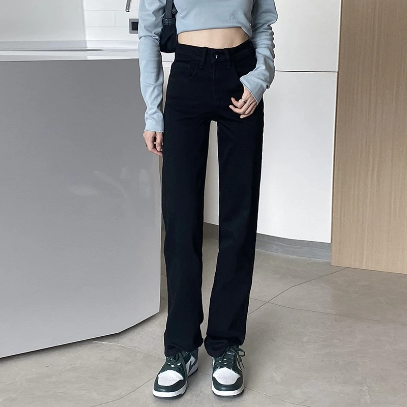 春夏新款堆堆裤黑色牛仔裤女烟管高腰显瘦窄版修身筷子腿直筒拖地