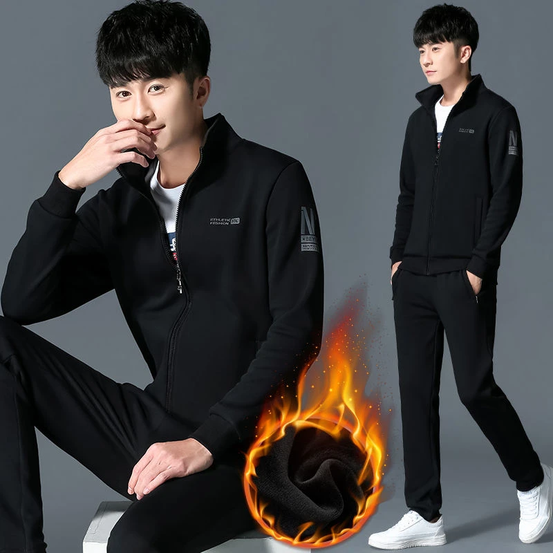冬季新款运动套装男中青年加绒加厚跑步服两件套青年连帽运动服潮