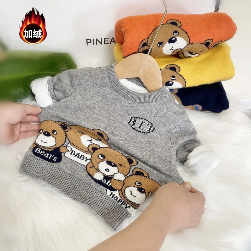 婴儿加绒加厚带肩扣弹力毛衣秋冬装婴幼儿线衣男女宝宝套头针织衫
