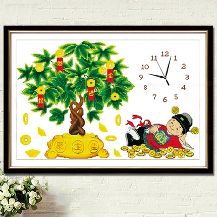 十字绣钟表客厅线绣新款简单时钟自绣全绣摇钱树财神爷2025年新品