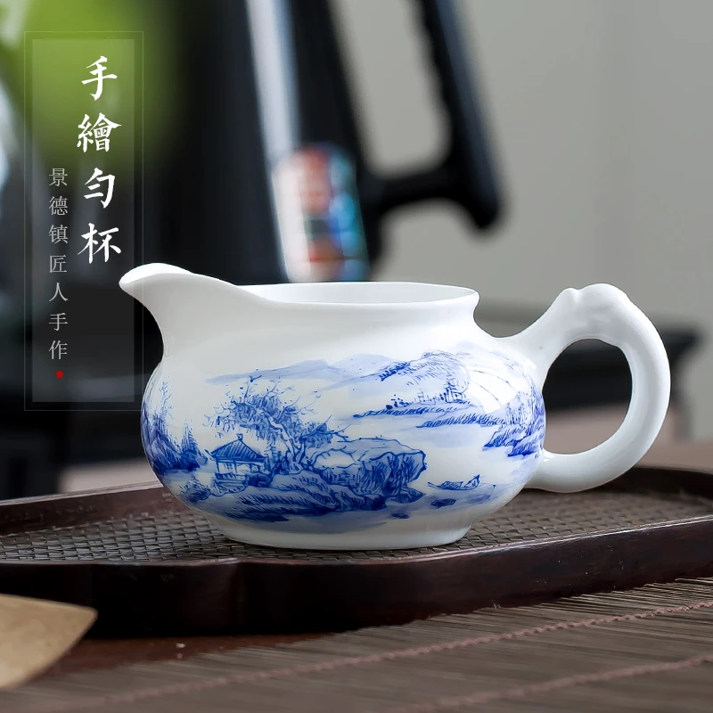 景德镇茶具纯手绘山水陶瓷中式公道杯大容量家用把手分茶器匀杯
