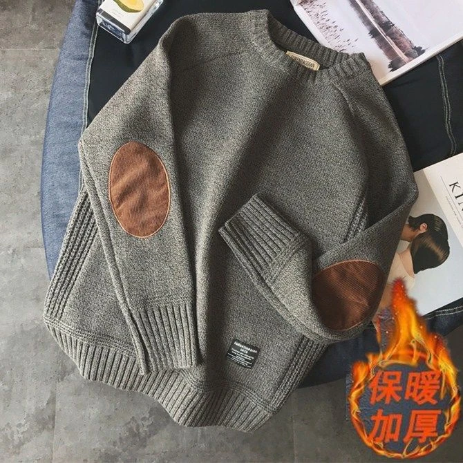 仓石一树联名复古套头毛衣男补丁拼接撞色加厚圆领针织衫男毛线衣