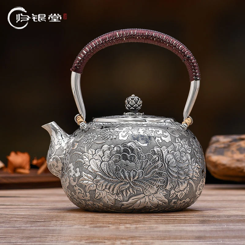 归银堂足银999手工深浮雕牡丹银烧水壶煮茶壶茶具GS-HCH190706