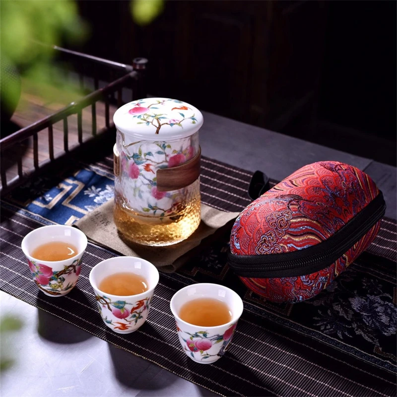 复古青花九桃五福一壶三杯旅行茶具便携式高档福寿安康桃子快客杯
