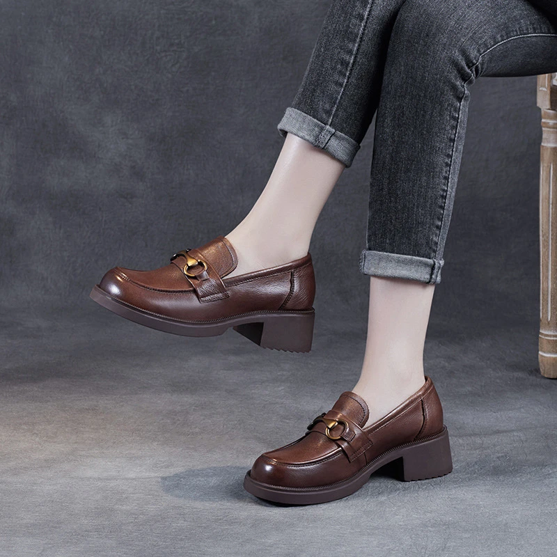 Z/35-40/2022春季新款头层牛皮乐福鞋高跟单鞋女粗跟厚底小皮鞋