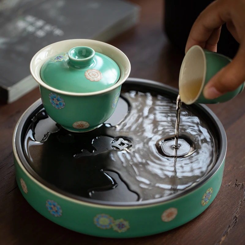 凡山堂皮球花草木灰壶承陶瓷盖碗托盘中式陶瓷功夫茶具配件干泡盘