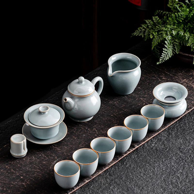 百垚汝窑汝瓷功夫茶具套装家用中式复古风泡茶壶盖碗陶瓷商务礼品