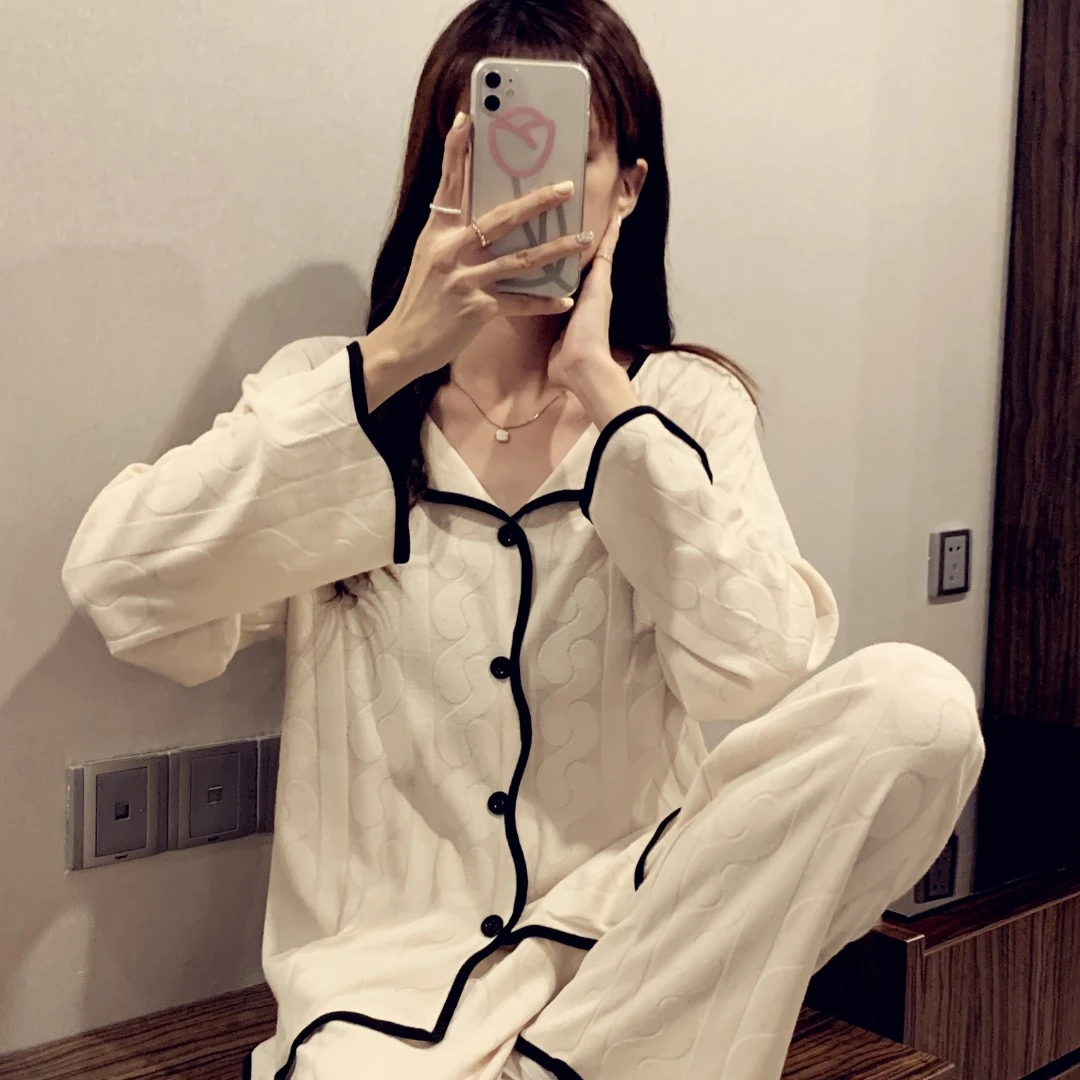 睡衣女春秋长袖薄款甜美休闲简约开衫宽松网红提花可外穿家居服