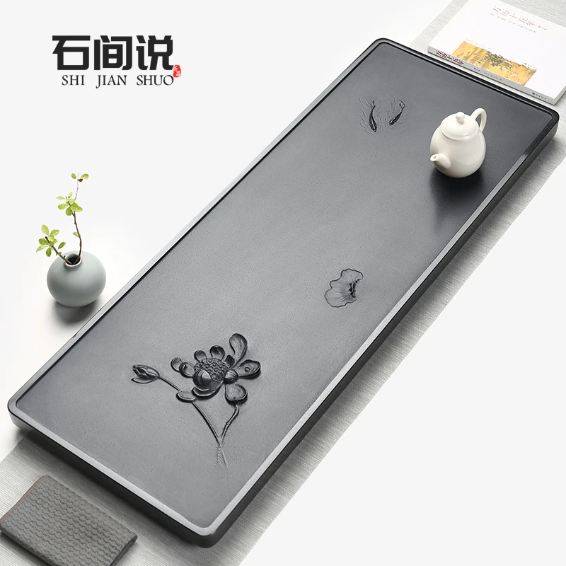 石间说乌金石简约大气家用办公雕刻茶盘出水芙蓉排水手工大号排水