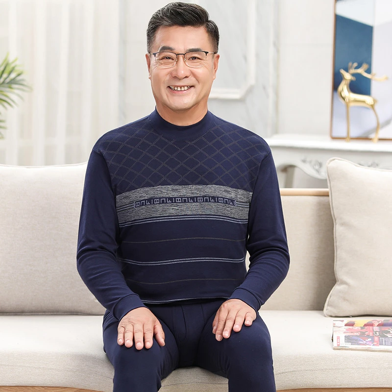 爸爸秋衣秋裤套装纯棉薄保暖内衣男士全棉线衣线裤老年人打底内衣