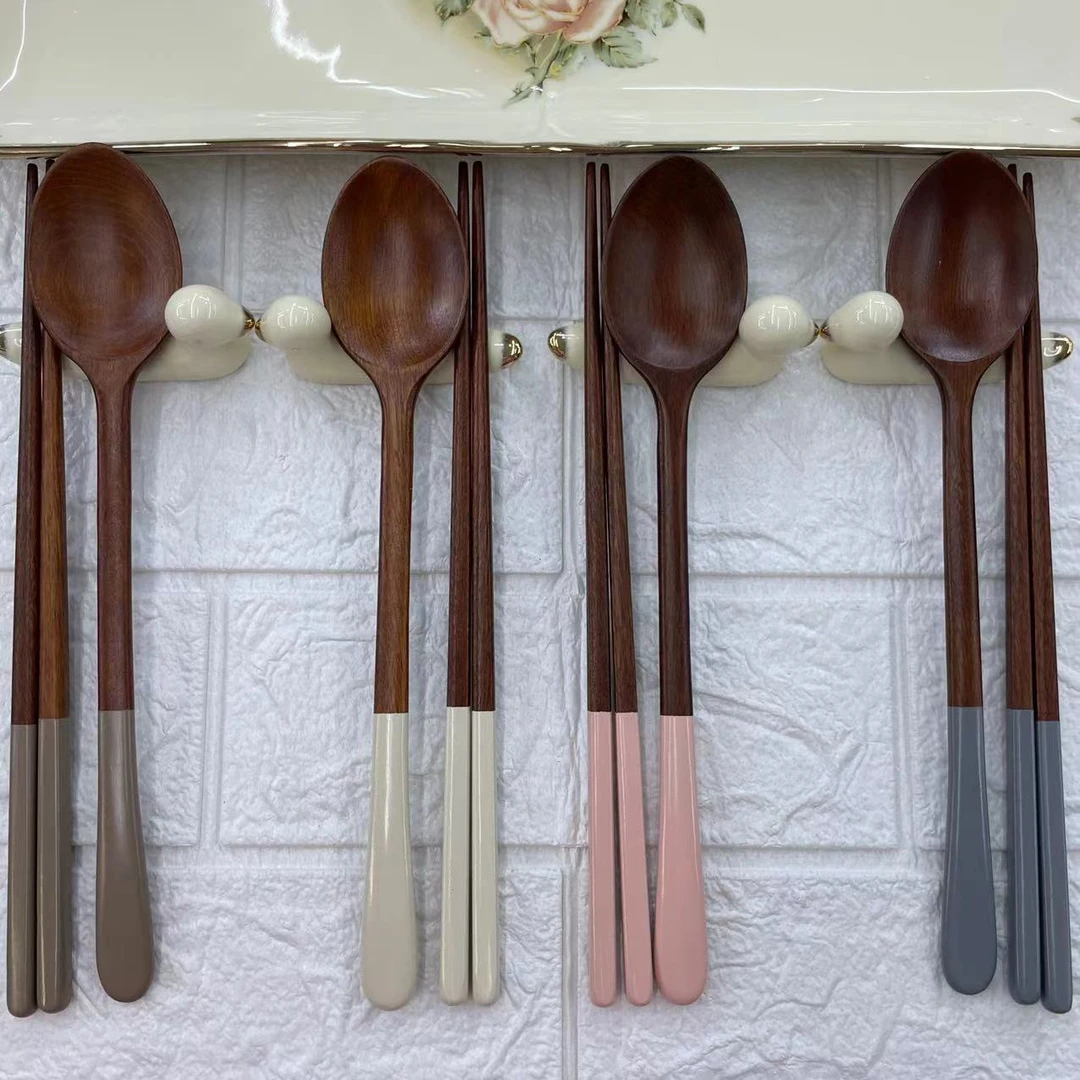 现货韩国吃播同款勺子木长手柄实木勺子筷子枕木彩色枣木