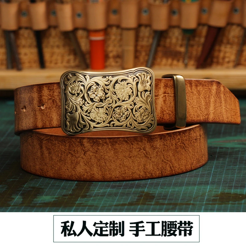 手工定制 中国风唐草雕花腰带头层牛皮黄牛皮无夹层复古休闲腰带