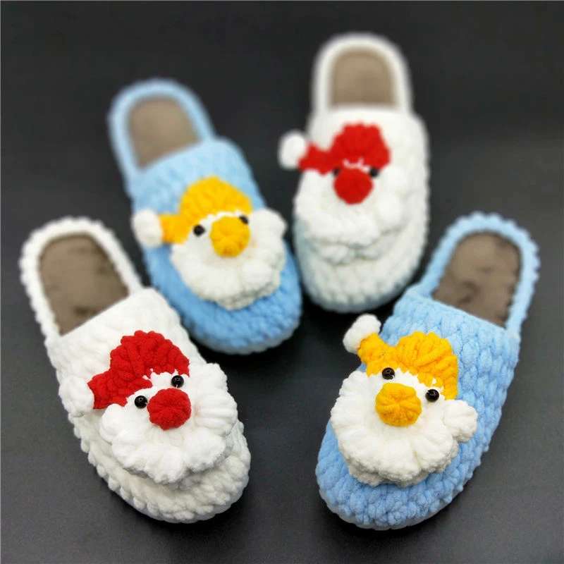 圣诞老人情侣款防滑儿童粗毛线手工编织拖鞋休闲鞋牛筋白色水晶底