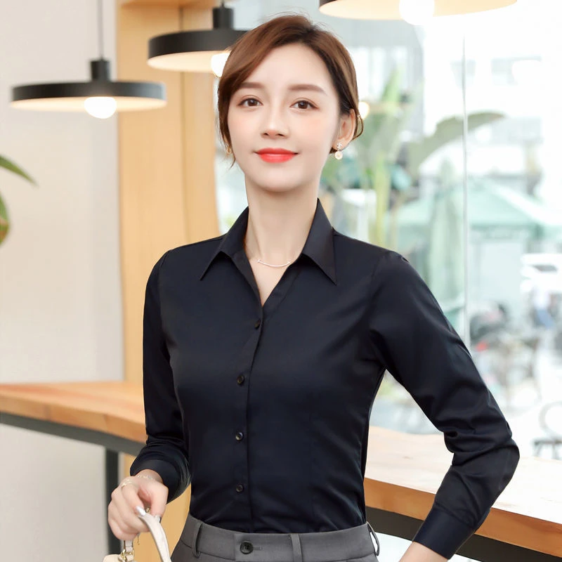 黑色衬衫女职业修身衬衣长袖春秋新款面试气质商务正装大码工作服