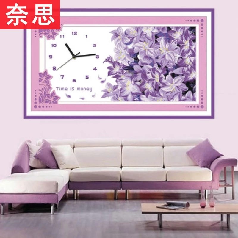奈思十字绣餐厅钟表挂钟闹钟可装电池走时花卉创意手工刺绣装饰